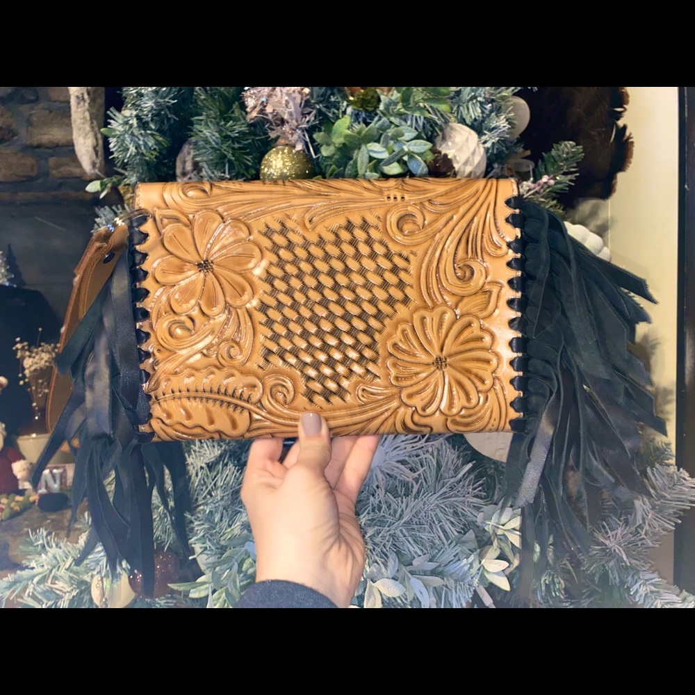 Hand Tooled Leather Clutch with strap “Bible size”